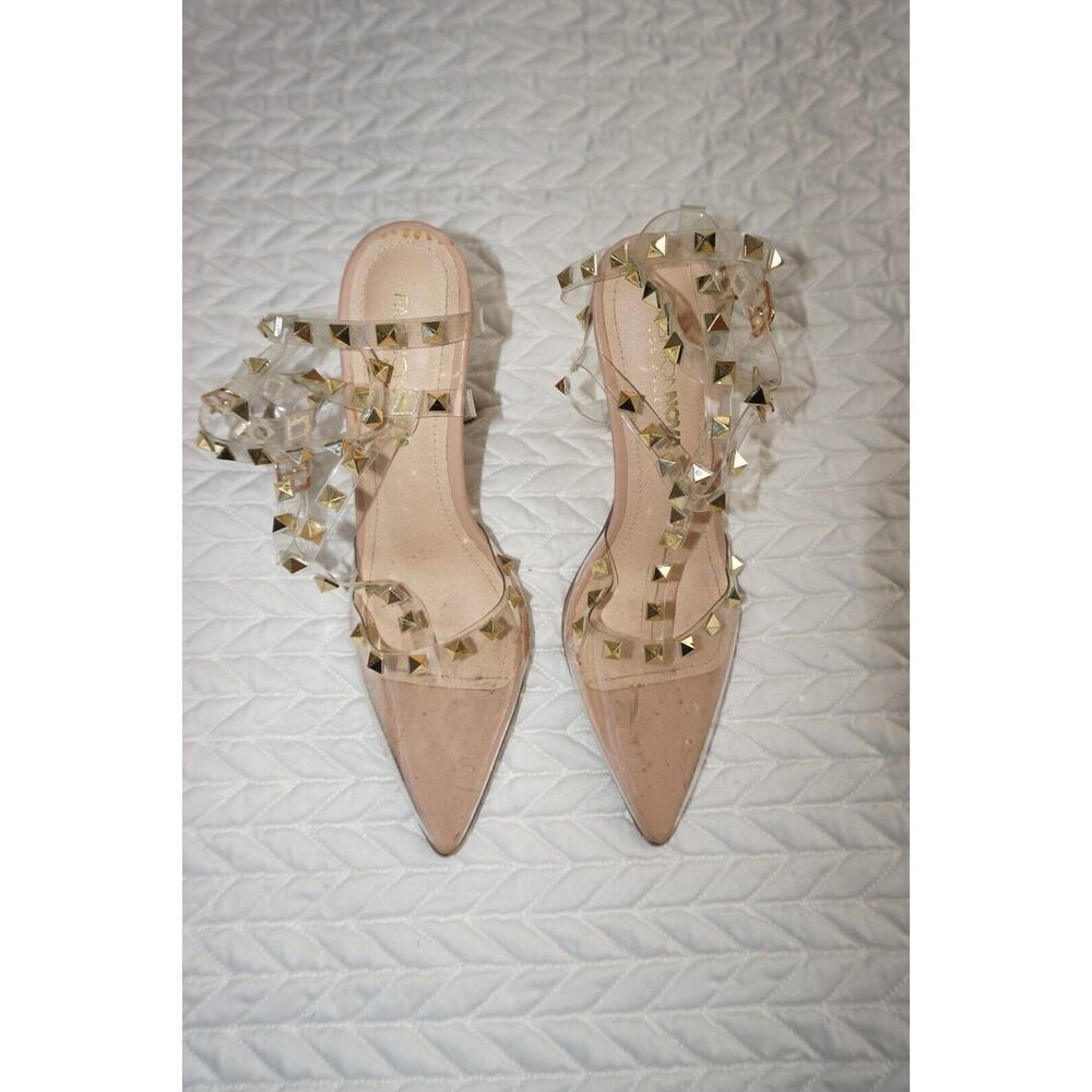 Fashion Nova Golden Studs Clear Strap Shoes - Size 7.5